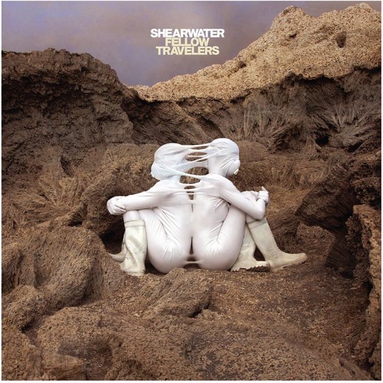De hoes van het album 'Fellow Travelers' van Shearwater toont twee witte figuren, de een in de ander verstrengeld, zittend op een rotsachtig terrein. Bovenin staat de titel van het album in gele letters.