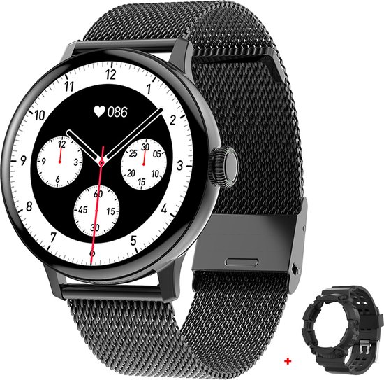 Belesy® NUMBER 2 - Smartwatch Heren – Smartwatch Dames - Horloge – Stappenteller – Calorieën - Hartslag – Sporten - Splitscreen - Kleurenscherm - Full Touch - Bluetooth Bellen – Staal – Milanees - Zwart - Moederdag