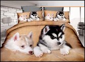 Tweepersoons Dekbedovertrek Set Husky Puppies  160x200 en 2 kussenslopen 70x80cm 100% katoensatijn