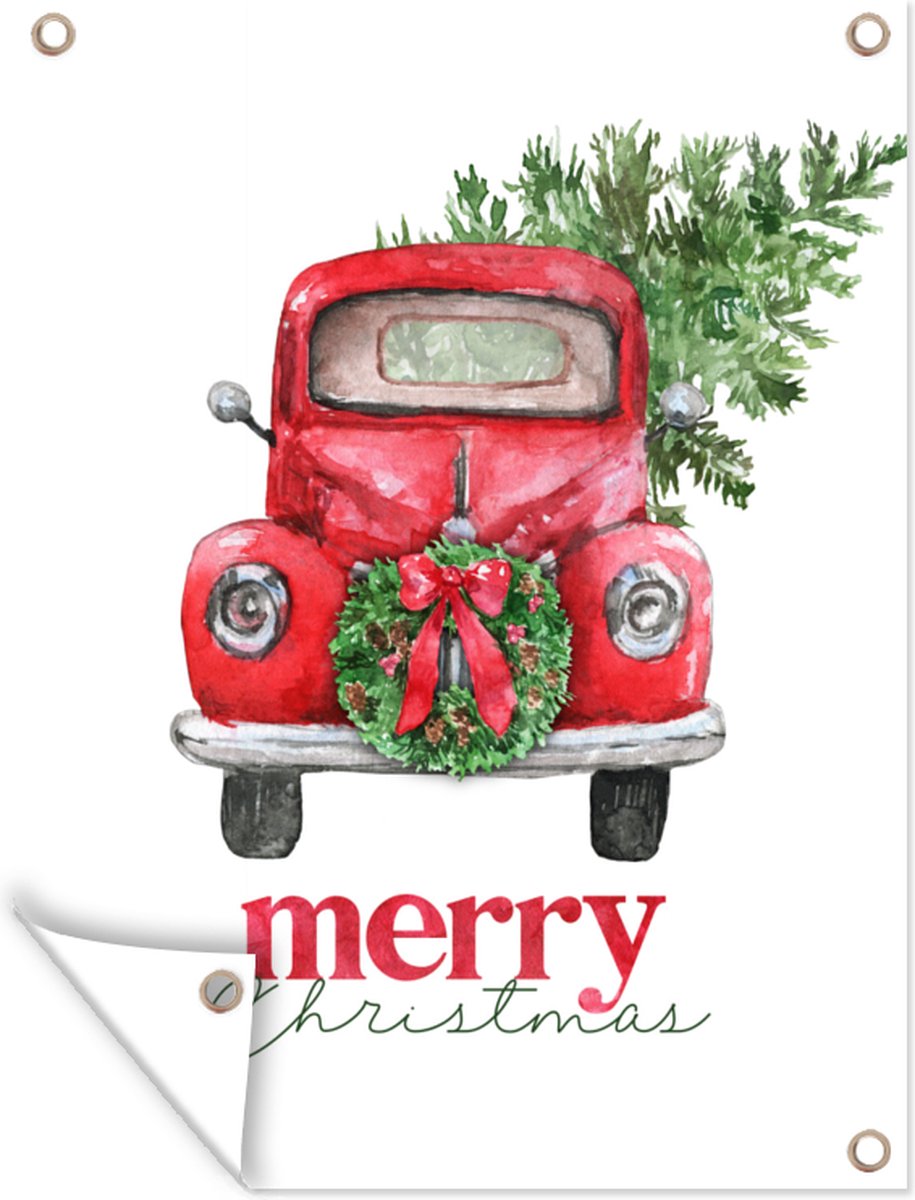 Tuinposter - Tuindoek - Tuinposters buiten - Merry Christmas - Quotes - Kerst - Spreuken - Auto - 90x120 cm - Tuin Tuinposter met kerstthema, Merry Christmas quotes en afbeelding van een auto, 90x120 cm groot voor buitengebruik.