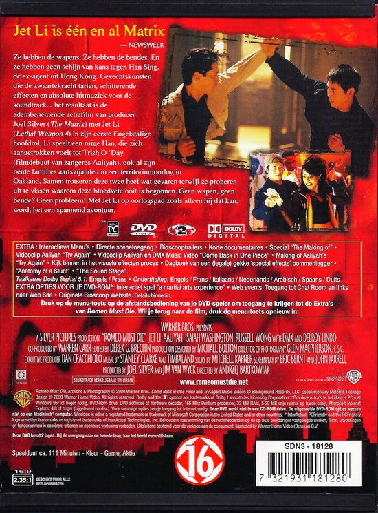 Achterkant van de "Romeo Must Die" DVD-hoes met Jet Li en Aaliyah en tekst in het Nederlands.