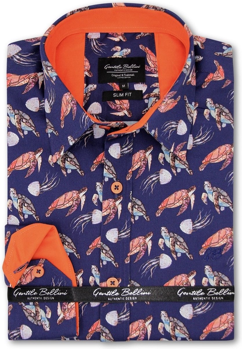 Heren Overhemd - Slim Fit - Turtles and Jellyfish Satijn - Blauw - Maat S