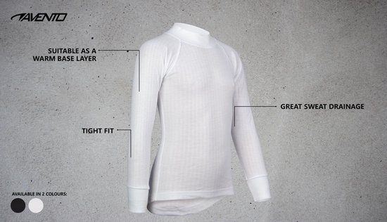 Wit thermoshirt met lange mouwen en hoge hals, met verticale ribbels, dat strak zit en zweet goed afvoert.