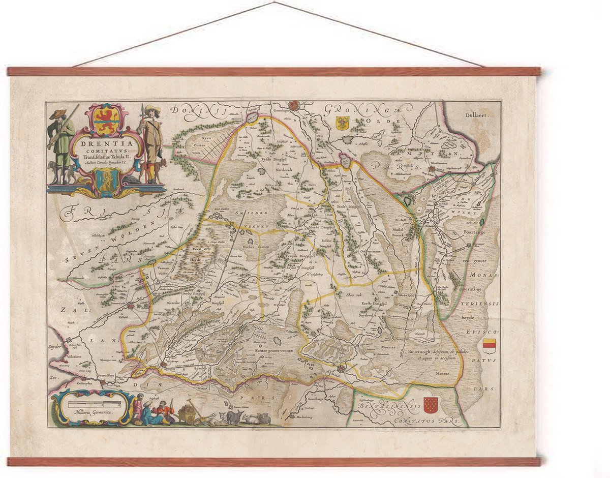 Esque Poster In Posterhanger - Historische Oude Kaart Drenthe - 50x70 cm - Kader Hout - Ophangsysteem - Vintage Plattegrond