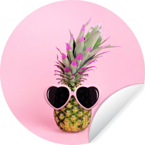 WallCircle - Muurstickers - Behangcirkel - Een ananas tegen een roze achtergrond met een zonnebril - 100x100 cm - Muurcirkel - Zelfklevend - Ronde Behangsticker XXL