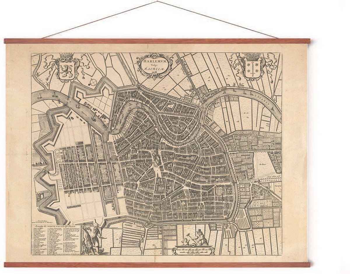 Esque Poster In Posterhanger - Historische Oude Kaart Haarlem - 50x70 cm - Kader Hout - Ophangsysteem - Vintage Plattegrond