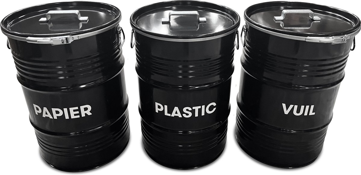 Goedkoopste BinBin industrieel olievat afvalscheidingssysteem- afvalscheiding prullenbakken 3x 60L- Papier- Plastic- Vuil afvalbak- met handvat deksel- 40x48 CM