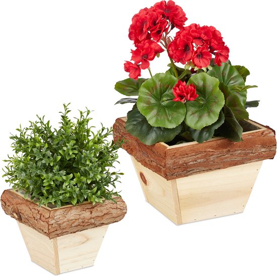 bloempot hout - set van 2 - vierkant - 2 groottes - folie - binnen - buiten - schors