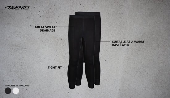 Twee zwarte thermobroeken met ribbelpatroon, met tekst over draagcomfort.