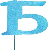 Taartdecoratie | Taarttopper| Taartversiering| Verjaardag| Cijfers| 15| Blauw glitter| 14 cm| karton