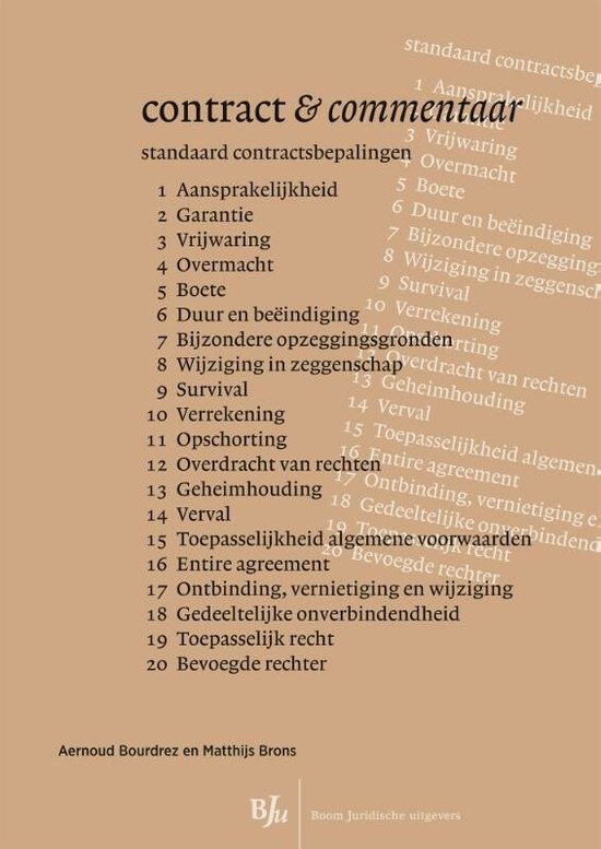 Boek kaft met titel Contract & commentaar en een lijst met contractonderwerpen. Rechtsonder logo Bju Boom Juridische uitgevers.