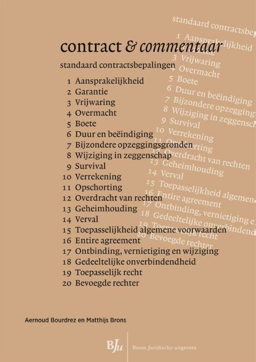 Boek kaft met titel Contract & commentaar en een lijst met contractonderwerpen. Rechtsonder logo Bju Boom Juridische uitgevers.