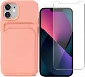 iPhone 12 / iPhone 12 Pro Hoesje Pasjeshouder Roze - Siliconen Case Back Cover + Screenprotector Glas