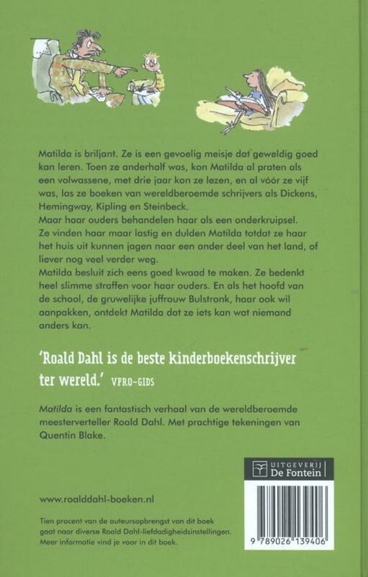 Boekcover met tekst over Matilda en illustraties van kinderen en een paperplane.