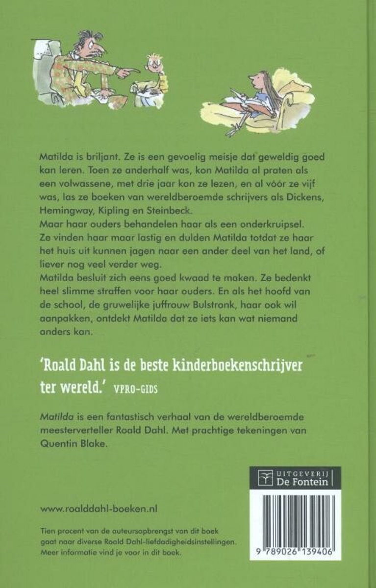 Boekcover met tekst over Matilda en illustraties van kinderen en een paperplane.