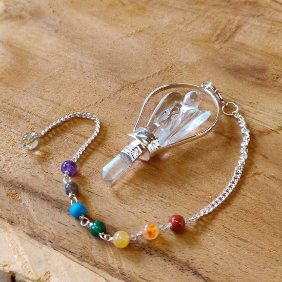 Engelen Pendel van Bergkristal met een ketting met 7 kleine chakra's edelstenen - nr. 22 - incl. gratis buideltje - Pendelen - spiritueel