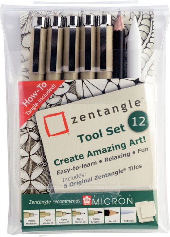 Zentangle Tool Set in plastic verpakking, met 6 Pigma Micron pennen, 1 Pigma Graphic 1 pen, 1 potlood, 1 tortillon en 5 Zentangle Tiles.