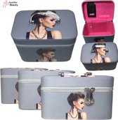 Make Up Tasje Girl Print Grey Kleur 3 in 1 (3 Stuks) | Beautycase | Opberg Etui / Cosmetica Organizer Reis Tas Case