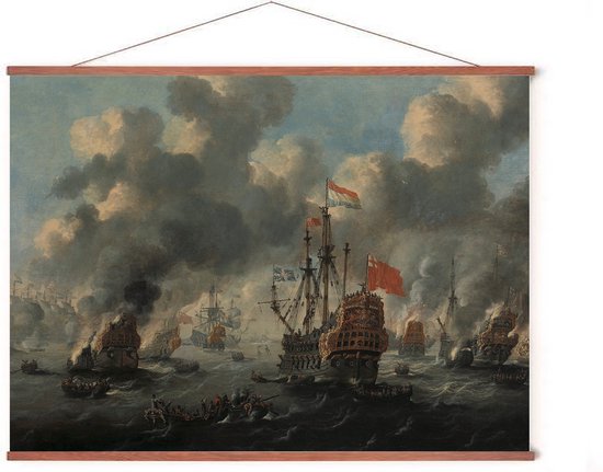 Poster In Posterhanger - Tocht naar Chatham - 50x70 cm - Kader Hout - Ophangsysteem - VOC - Michiel de Ruyter - Kunst