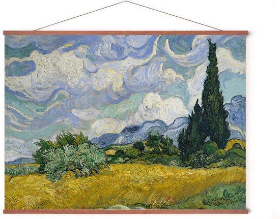 Poster In Posterhanger - Korenvelden met Cipressen - 50x70 cm - Kader Hout - Ophangsysteem - van Gogh - Kunst
