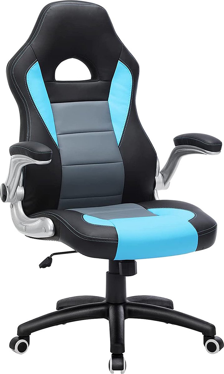 MEUBELEXPERT - gamestoel, racestoel, bureaustoel met hoge rugleuning, bureaustoel, in hoogte verstelbaar, opklapbare armleuningen, wipfunctie, voor gamers, zwart-grijs-blauw
