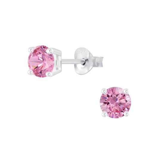 Joy|S - Zilveren rond oorbellen - 5 mm - zirkonia roze
