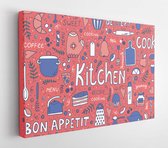 Canvas schilderij - Kitchen utensils and food Doodle, hand drawn symbols and lettering. Colorful vector background.  -     1296174436 - 115*75 Horizontal