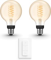 Philips Hue White Filament Globe E27 Uitbreidingspakket - 2 Hue Lampen en Dimmer Switch - Warm Wit Licht - Dimbaar