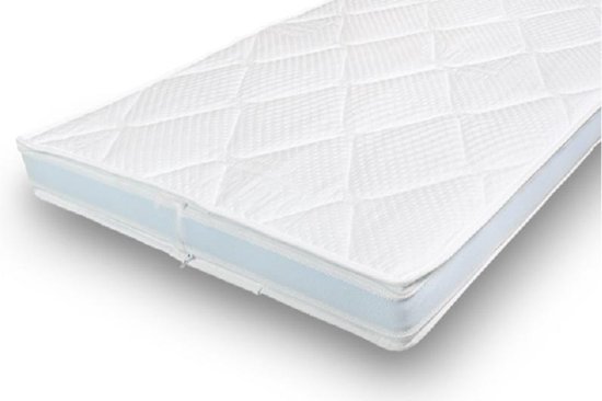 Witte topper matras met een ruitvormig patroon en een lichtblauwe zijkant.