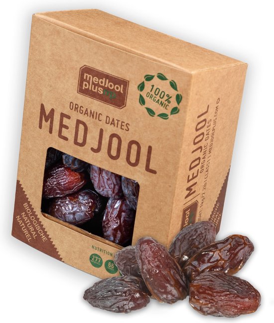 Medjool Plus biologische dadels verpakking van 1 kg, met zichtvenster en losse dadels ernaast.