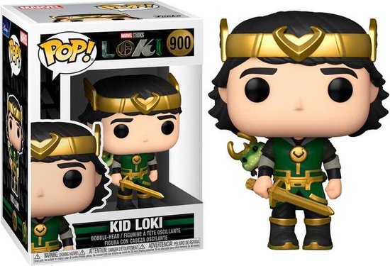 Kid Loki Funko Pop figuur in groene outfit met gouden helm, drakencape en zwaard.