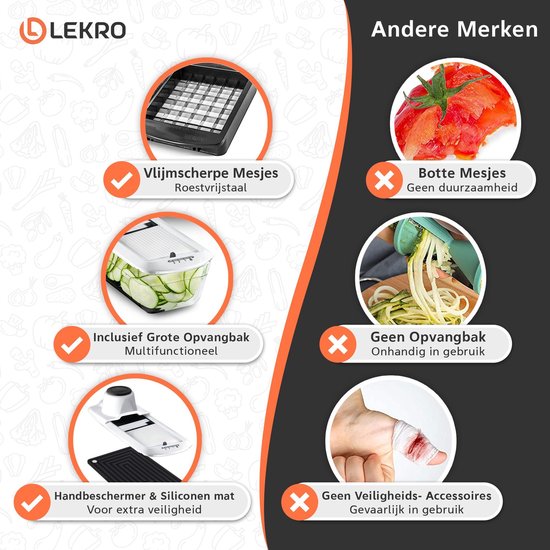 Vergelijking van Lekro groentesnijder met scherpe messen, grote opvangbak en veiligheidsaccessoires versus andere merken.