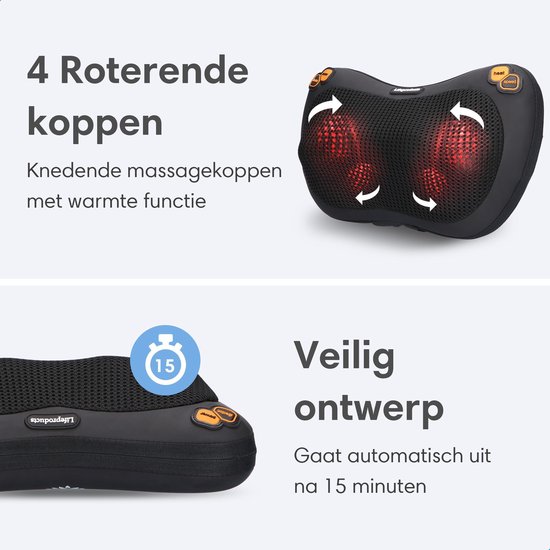 Zwart massagekussen met 4 roterende koppen en warmtefunctie. Timer symbool met "15".