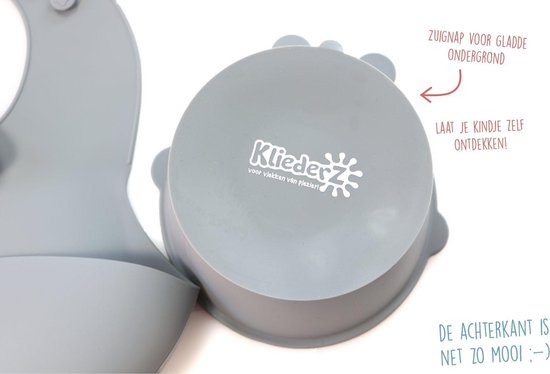 KliederZ 3-delige Siliconen Eetset - voor baby en peuters - Slabbetje Schaaltje Lepel - Kwalitatieve kinder serviesset met opvangbakje en zuignap - Grijs Lychee SE05 van KliederZ — afbeelding 3
