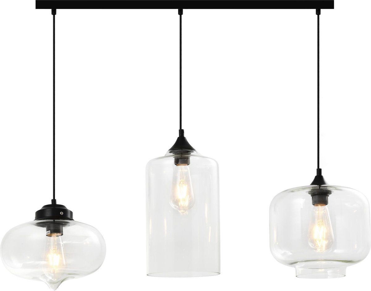 QUVIO Hanglamp retro - Hanglampen eetkamer - Lampen - Plafondlamp - Verlichting - Keukenverlichting - Lamp - E27 Fitting - Met 3 Lichtpunten - Voor binnen - Metaal - Glas - 80 x 26 cm (b x d) - Zwart