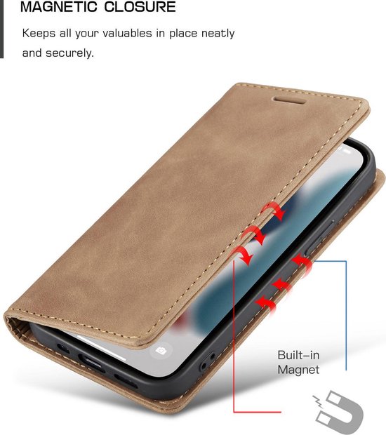Étui portefeuille marron, partiellement ouvert, avec une flèche indiquant le magnet intégré pour la fermeture.