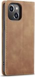 Étui portefeuille marron pour téléphone, fermé, montrant le dos du téléphone.
