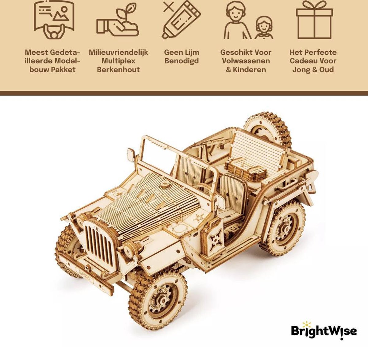 BrightWise® Robotime Jeep Hout Modelbouw Pakket Zonder Lijm - Bouwpakketten volwassenen - Bouwpakketten kinderen - Modelbouwpakketten volwassenen - Miniatuur bouwpakket volwassenen - Modelbouw auto — afbeelding 3