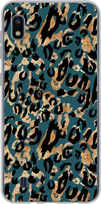 Telefoonhoesje Geschikt voor Samsung Galaxy A10 hoesje - Panterprint - Zwart - Bruin - Turquoise - Siliconen Telefoonhoesje Telefoonhoesje