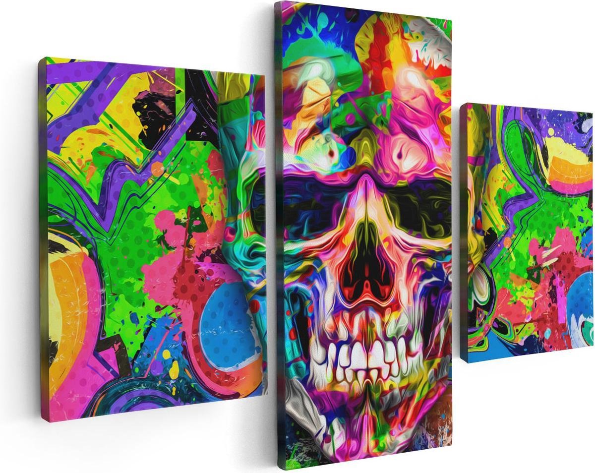 Artaza Canvas Schilderij Drieluik Gekleurde Schedel - Doodskop - Doodshoofd - 90x60 - Foto