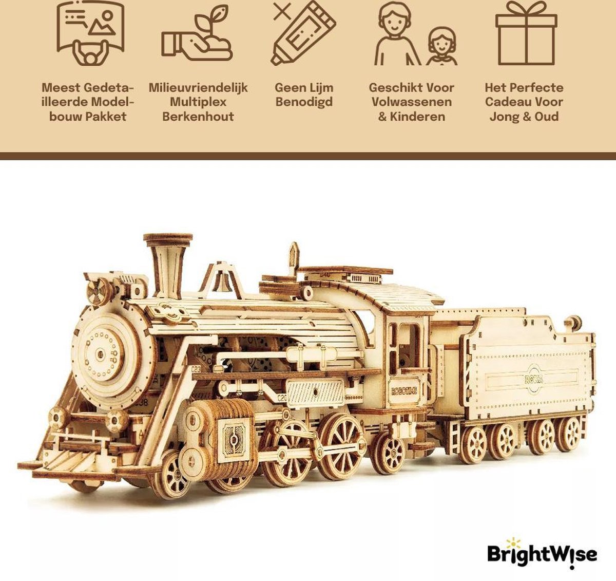 BrightWise® Robotime Stoomtrein Stoomlocomotief Hout Modelbouw Pakket Zonder Lijm - Bouwpakketten volwassenen - Bouwpakketten kinderen - Modelbouwpakketten volwassenen - Miniatuur bouwpakket volwassenen — afbeelding 4