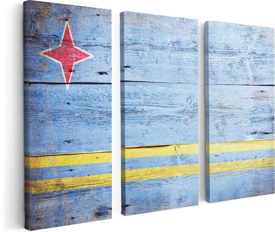 Artaza Canvas Schilderij Drieluik Aruba Vlag op Hout - 120x80 - Foto Op Canvas - Canvas Print