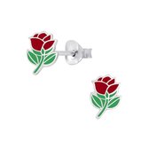 Joy|S - Zilveren roos oorbellen - rood roosje bloem oorknoppen - 6 x 8 mm