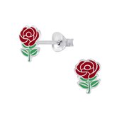 Joy|S - Zilveren roos oorbellen - rood roosje bloem oorknoppen - 6 x 8 mm