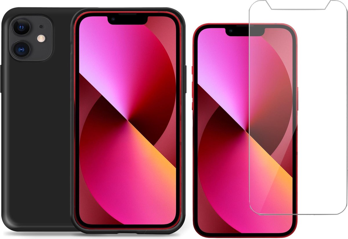 Hoesje geschikt voor iPhone 12 Mini siliconen zwart case - Screen Protector Glas