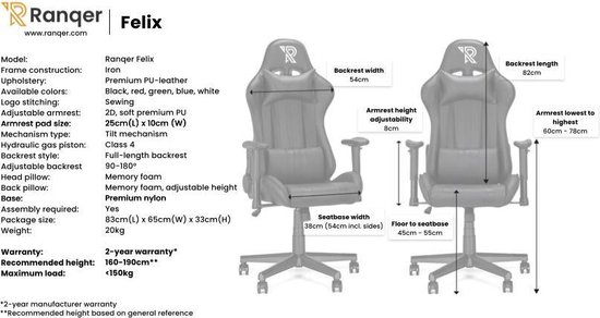 Ranqer Felix Gamestoel - Gaming Chair  / Gaming Stoel - Ergonomische Bureaustoel - Verstelbaar armleuningen - Wit / Grijs