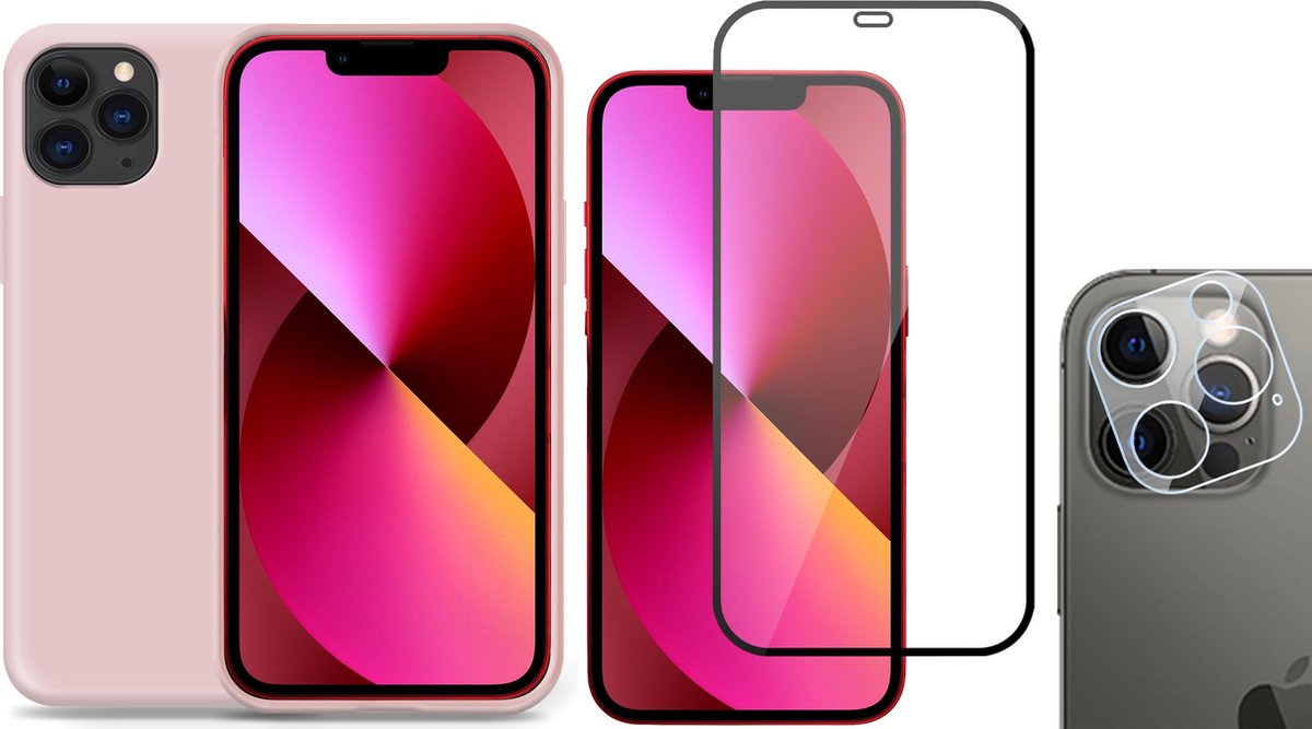 TechNow Shock Proof Backcover geschikt voor iPhone 12 Pro - Full Screenprotector en Camera Screen Protector - Roze