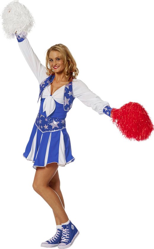 Wilbers & Wilbers - Cheerleader Kostuum - Dansende Cheerleader Luxe Blauw - Vrouw - Blauw - Maat 36 - Carnavalskleding - Verkleedkleding
