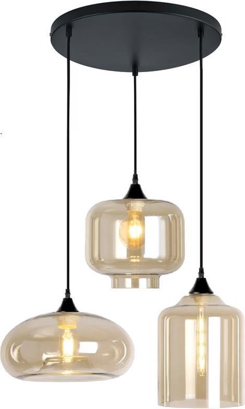 KLIMliving Moorea - Hanglamp Woonkamer - Zwart - Glas - Amber - Hanglamp industrieel - Hanglamp Eetkamer - Hanglamp set - Hanglamp modern