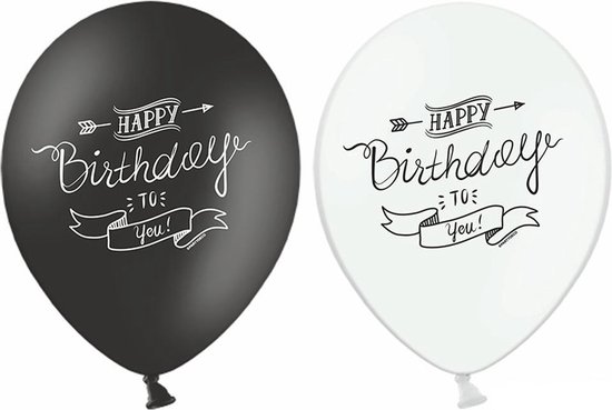 PARTYDECO - 6 zwart wit Happy Birthday ballonen - Decoratie > Ballonnen